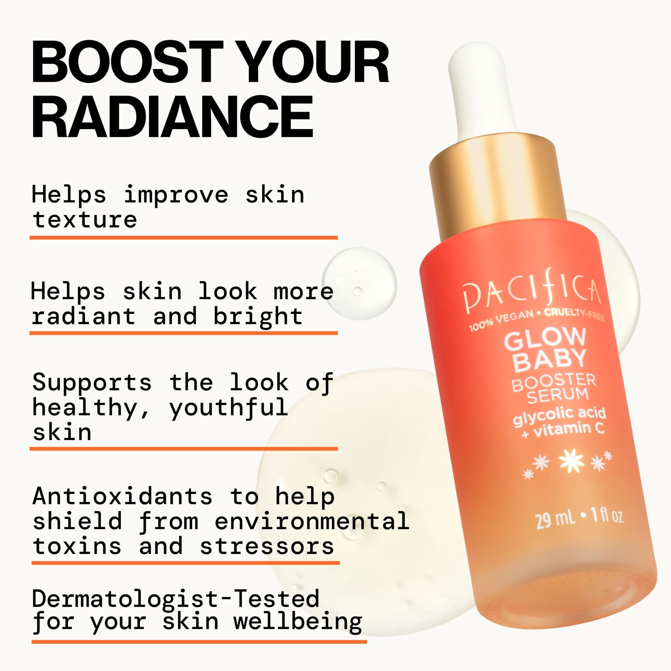 Pacifica Vitamin C Face Serum - Glow Baby Booster Facial Serum - Glycolic Acid Serum For Face - Dark Spot Corrector Anti Aging Brightening - Dermatologist Tested, Fragrance Free, Clean Skin Care Vegan